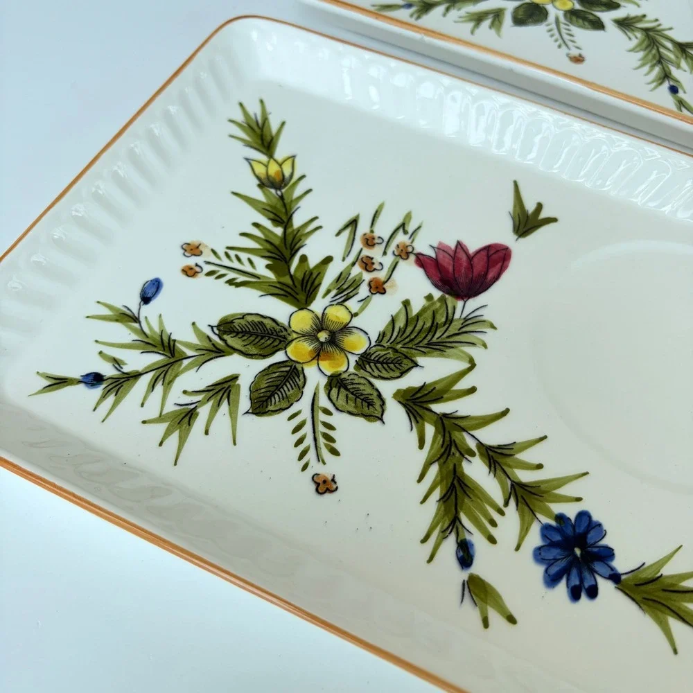 Vintage Floral Ceramic Snack Trays Set of 2 Hand Painted Wildflower Tea Plates